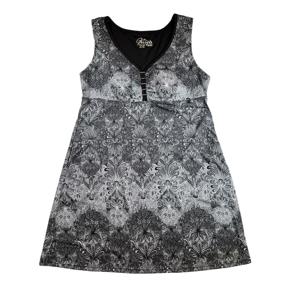 Gerry Women’s XL Empire Waist Dress Black Gray Floral Sleeveless Stretch Casual
